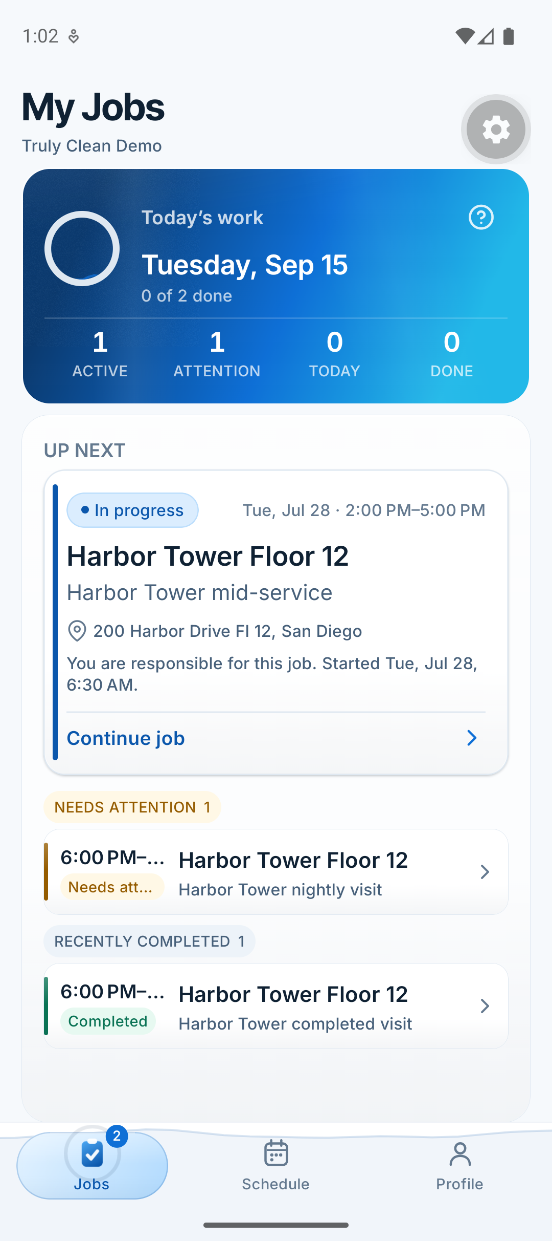 Mobile jobs view showing active and completed demonstration visits